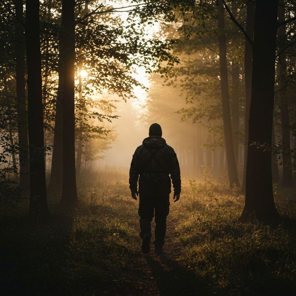 Hunter walking through misty forest at sunrise